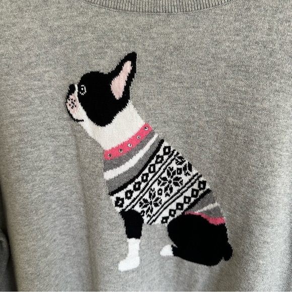 J Crew size 3X Gray Boston Terrier Dog Teddie Sweater Crewneck Cotton Knit Grey - Picture 2 of 7